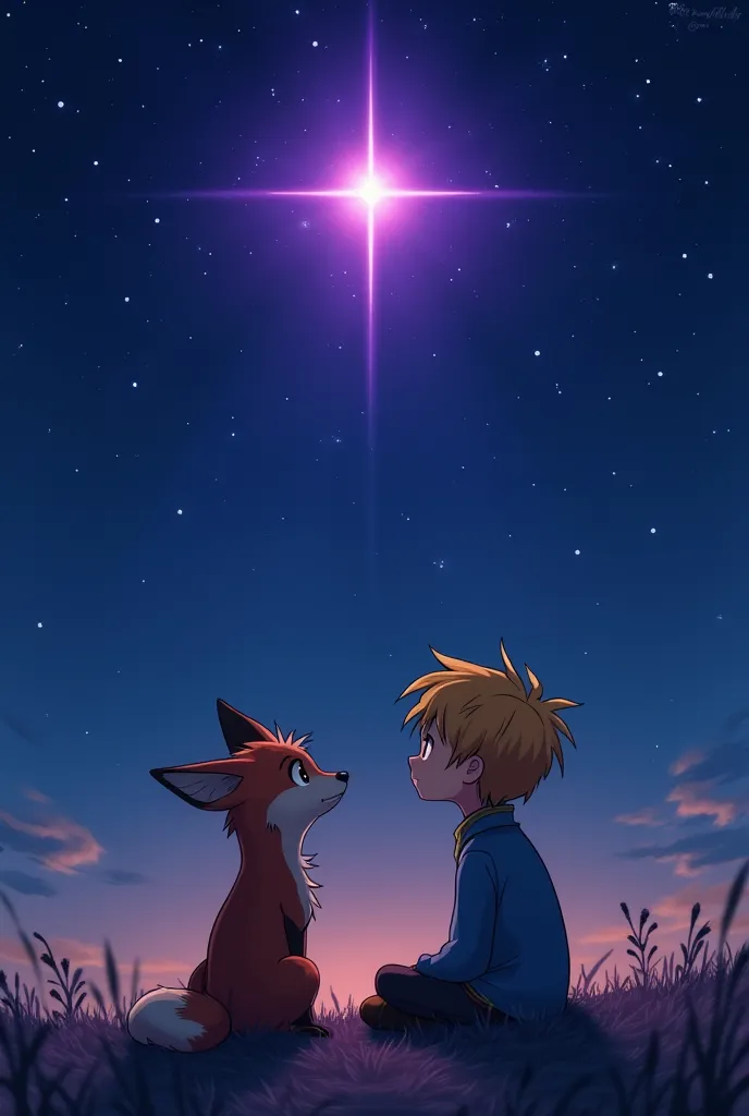 Little prince and fox contemplating a purple star in the sky. 