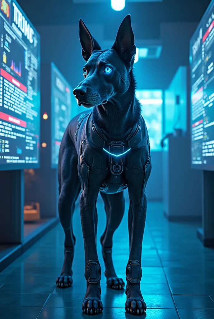 In a futuristic high-tech laboratory, a cybernetically enhanced dog detective stands with parts of its body made of metal and glowing components, its eyes emitting a blue glow. Surrounding it are holographic projection screens and floating streams of virtu...