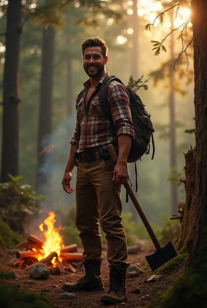  Central image :**  
- **Character:** you ( or a model ) profile,  smiling confidently,  touch wearing rustic clothing  (plaid shirt,  khaki pants and hiking boots ),  holding a survival axe in one hand and a craft tool  (Ex.:  fire-making machete or bow )...