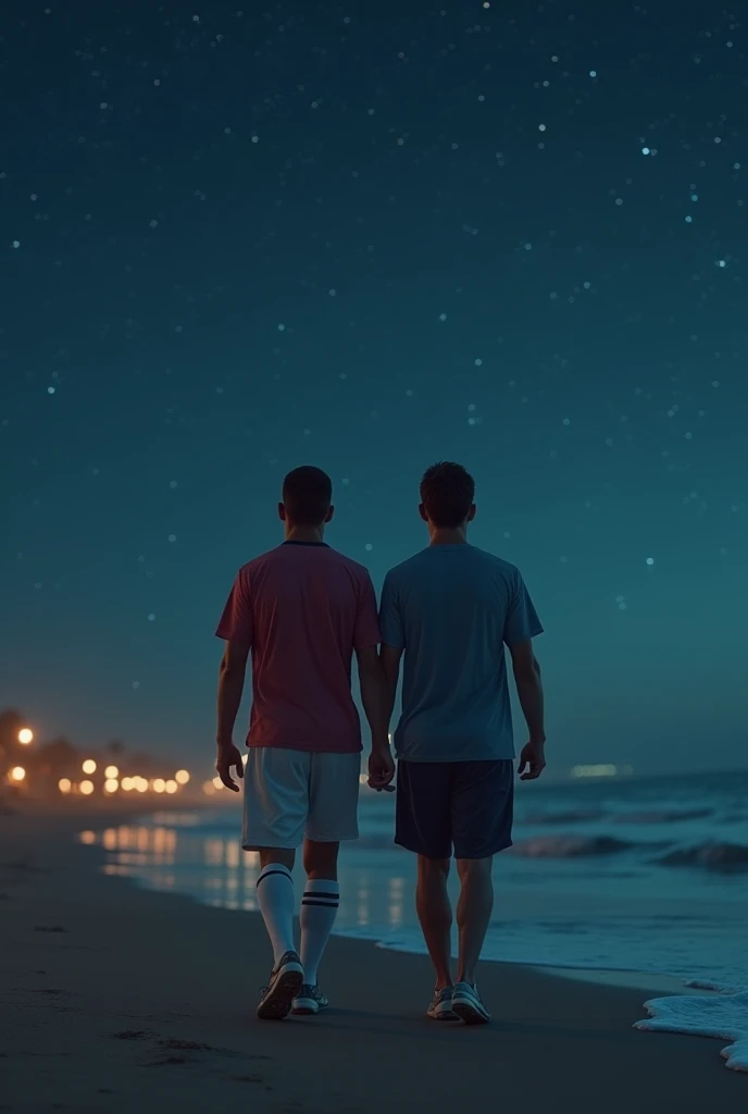 "On a deserted Ibiza beach ,  Cristiano Ronaldo and Lionel Messi walk side by side under starry skies.  The sound of the waves echoes in the background ,  as a faint smile forms on their faces .