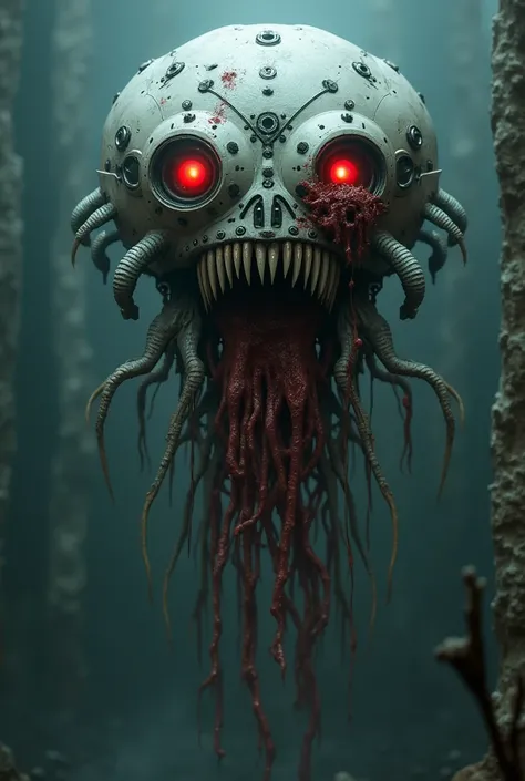 Robot Jelly fish horor, bloody neck ,  and head riddled with wounds , eyes that are red ,  and have sharp fangs