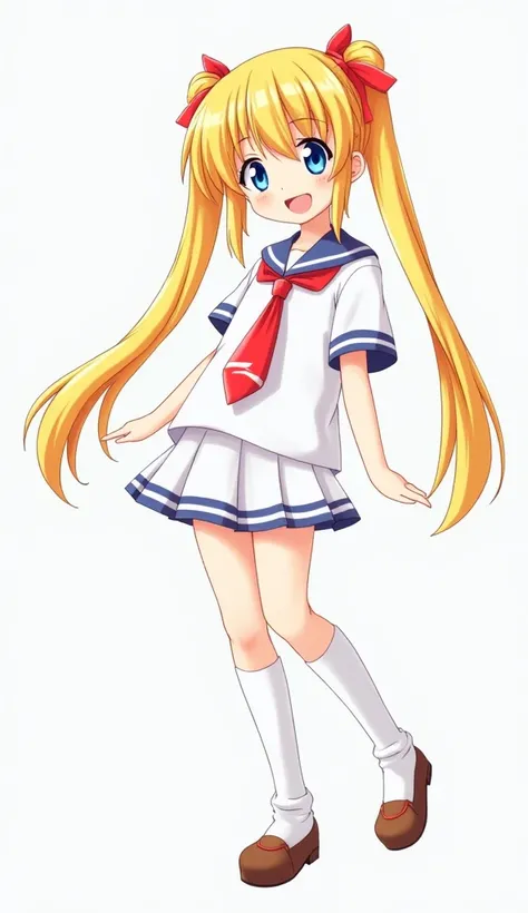  anime　 Gold　 Straight Long Hair　 twin tails　 blue eyes　 white sailor suit　Thai is red 　 white knee-high socks with pointed ends　Brown Shoes　 skirts are short