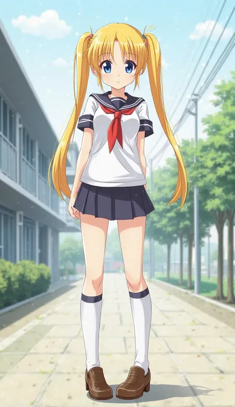  anime　 Gold　 Straight Long Hair　 twin tails　 blue eyes　 white sailor suit　Thai is red 　 white knee-high socks with pointed ends　Brown Shoes　 skirts are short　School