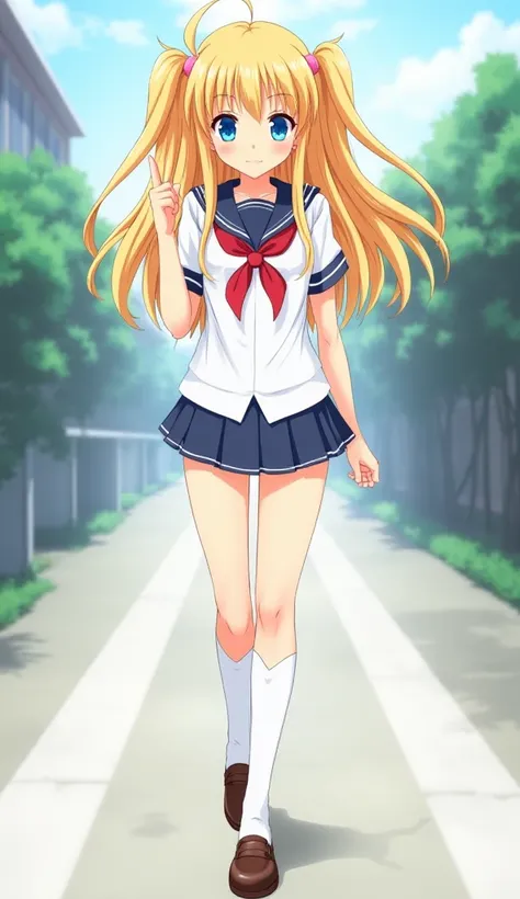  anime　 Gold　 Straight Long Hair　 twin tails　 blue eyes　 white sailor suit　Thai is red 　 white knee-high socks with pointed ends　Brown Shoes　 skirts are short　School