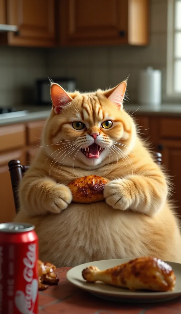 A hyper-realistic photograph of a fat yellow cat in a kitchen sitting on a chair at a table holding a roasted chicken leg and eating it with Coca-Cola