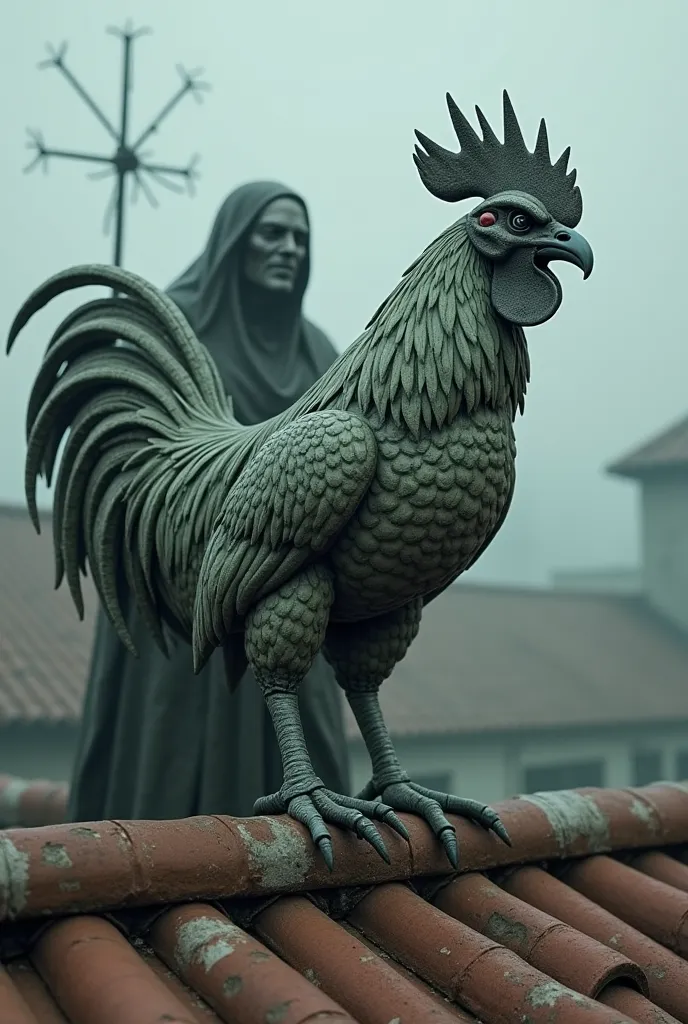 There's a rooster on top of a roof with Satan next to it, turned into stone with facial expression, scared and angry