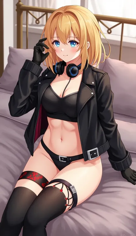  anime　 Gold　 SHORT HAIR　 blue eyes　black long sleeve half leather jacket　 black sports bra　 black buckle 　 black leather gloves on hands 　 black short boots　 black short socks 　 thigh decoration on both thighs 　 black knee brace on the knee 　 big breasts　...