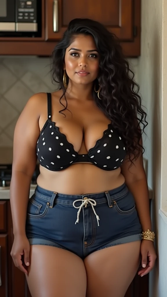 Front view , Hd realistic photo of Voluptuous Indian desi Aunty with dusky skin, wearing a black bra (white small dots on bra) and a dark blue shorts(white small dots on shorts) , curvy and thick waist, curvy waist , voluptuous , showing cleavages,, sittin...