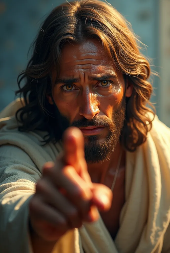 A hyper-realistic and emotional digital painting of Jesus Christ looking directly at the camera and pointing his finger, with a deep look of compassion and sadness.  conveying pain and love for humanity. Your tears reflect the soft, heavenly light that ill...