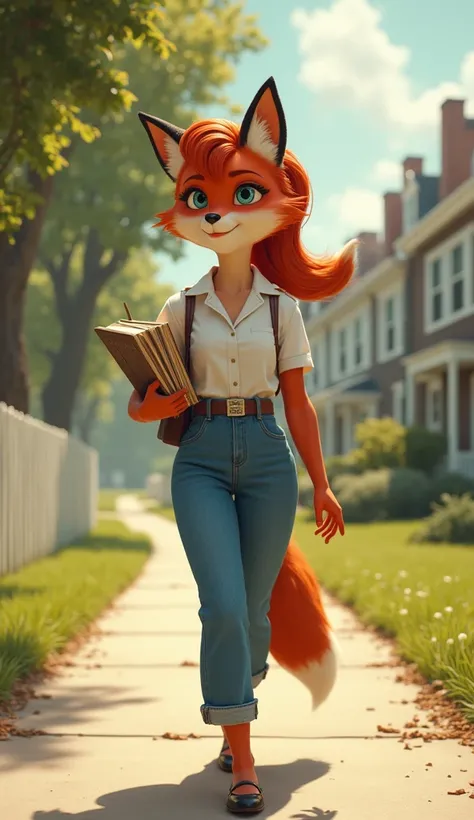  High resolution,  Ultra HD, 8k, a fox dressed in jeans and white blouse , 50s style, Red hair tied,  walking down the sidewalk going to school with books in her hand. 