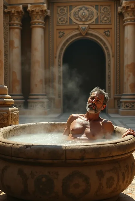 A picture of a man taking a bath in ancient times