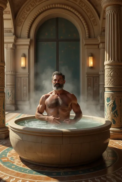 A picture of a man taking a bath in ancient times