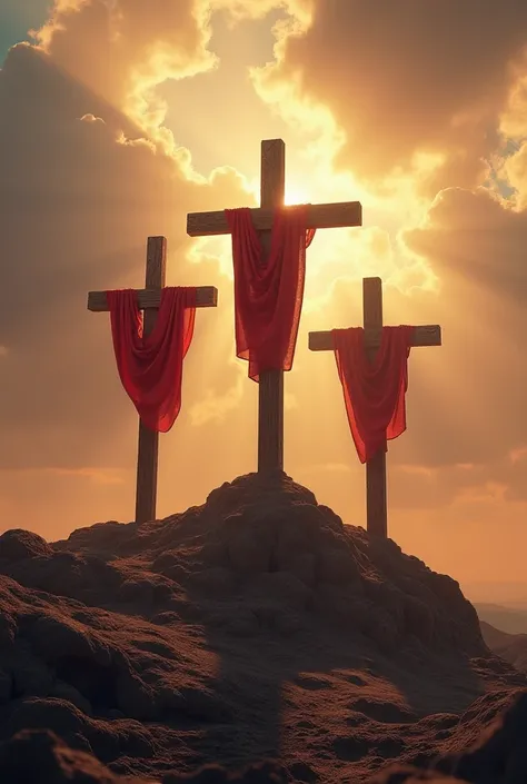  Create an ultra realistic image of three empty crosses on Calvary.  A in the middle a little higher and with red sheets on it . Put some effect with the Sun also 