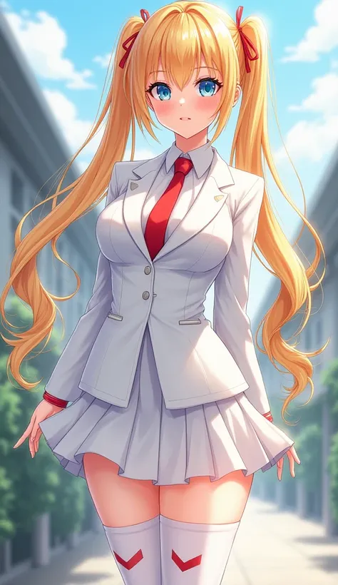  anime　 Gold　 Straight Long Hair　 twin tails　 blue eyes　 white blazer 　Thai is red 　 white knee-high socks with pointed ends　Brown Shoes　 skirts are short　School　 white skirt　 big breasts