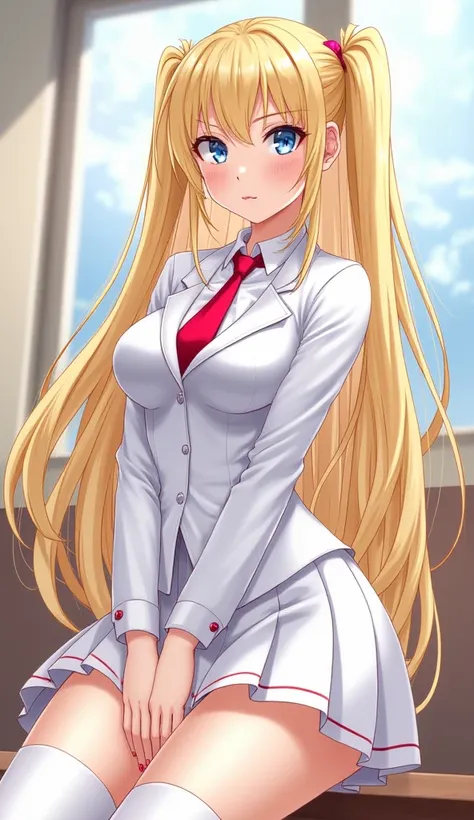  anime　 Gold　 Straight Long Hair　 twin tails　 blue eyes　 white blazer 　Thai is red 　 white knee-high socks with pointed ends　Brown Shoes　 skirts are short　School　 white skirt　 big breasts