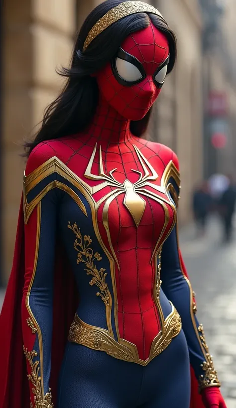 cre a realistic image of the fusion of princess jasmin and spiderman 
The blouse is tight and streamlined, made from a fabric that combines strength and flexibility. It is red and blue, but with golden details that follow floral and arabesque patterns insp...