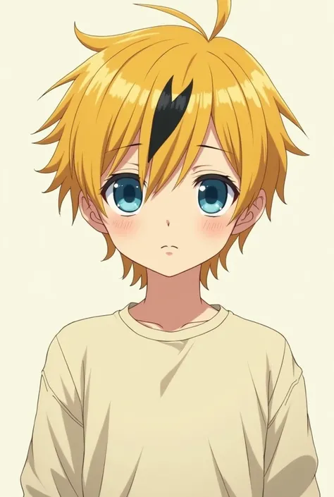 Anime character, boy with yellow hair, black streaks, sky blue eyes, calm and serious look, and casual clothes 
