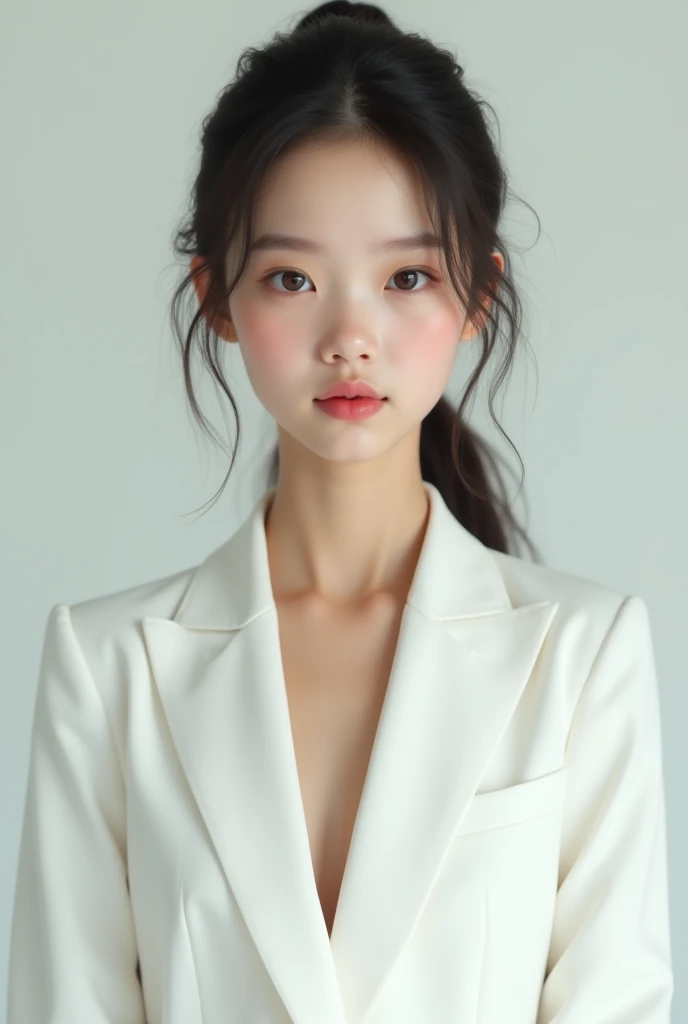 A young girl in white suit, her face look like real