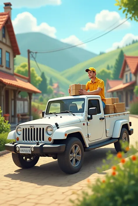 A courier service business in a countryside town, white pick up track and a rider wearing yellow shirt