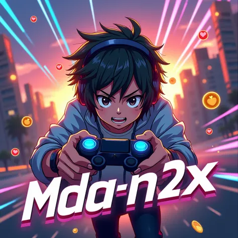 A high-energy anime-style gaming YouTube banner featuring the text 'Mda-n2x' in a bold and stylish font inspired by Japanese calligraphy. The background showcases a vibrant anime cityscape with dynamic lighting, glowing effects, and speed lines. A cool ani...