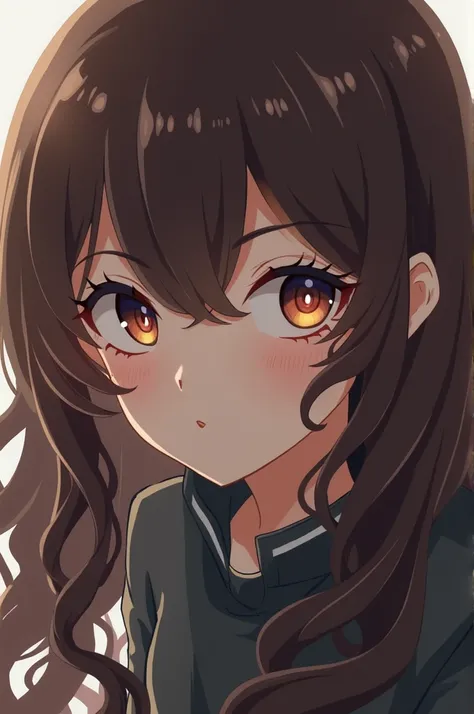  Anime long curly brown hair ,  looking a little to the left  ,  half face in front  , removing an eye  