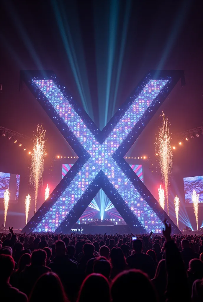  Create an electronic music stage ,  that contains two X's that is full of lights,  Lasers , pyrotechnics and that look impressive  