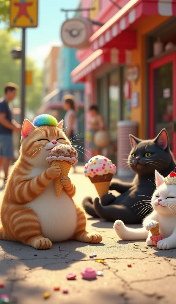 A whimsical and heartwarming Pixar-style scene unfolds outside a cozy, colorful ice cream parlor on a sunny afternoon. Three adorable, chubby cats—a beige tabby with soft spots, a sleek black cat, and a fluffy white cat—are lounging on the sidewalk, their ...