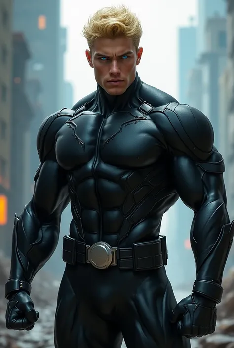 Blue-eyed blond superhero with black clothes showing his arms