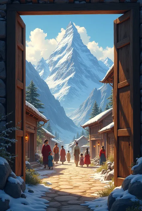 A village on a mountain, the doors of its houses are open, a bright light comes out of it, and people are outside with joy on their faces. High quality.