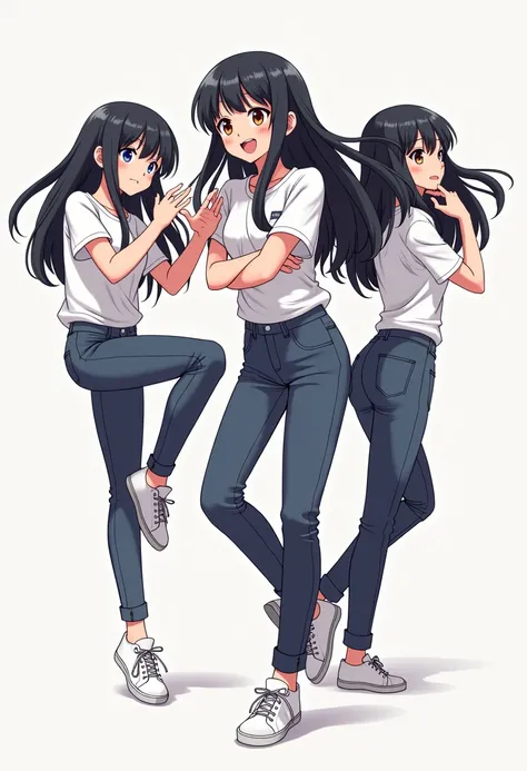 this is an artistic piece of anime with the lead female being displayed in three different positions, multiple girls, 3girls, black hair, pants, shirt, sneakers, long hair, white shirt