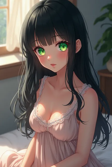 Anime girl green cateyes black hair in a night dress in a cute bedroom