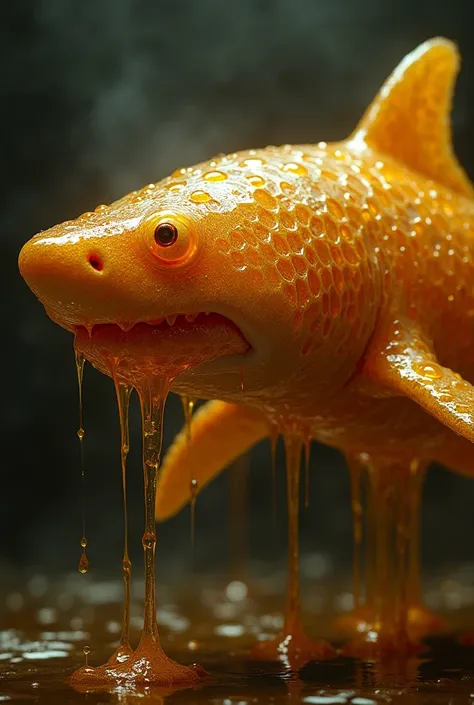 "A surreal fantasy-style shark made entirely of golden honey and honeycomb patterns, with honey dripping from its fins and body. The shark's eyes glow with an amber hue, and the liquid honey forms droplets suspended in the air. The background is dark and m...