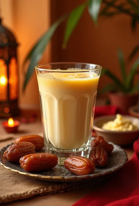 Make me a nice photo of a big cup of L'ben and some dates in a beautiful Ramadan theme