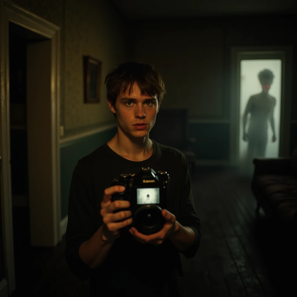 "A young man with a tense, shocked expression holds a camera in an old, slightly eerie but not overly dark room. The room has aged wooden floors and vintage wallpaper, giving it a mysterious yet inviting atmosphere. On the camera screen, a faint, ghostly s...