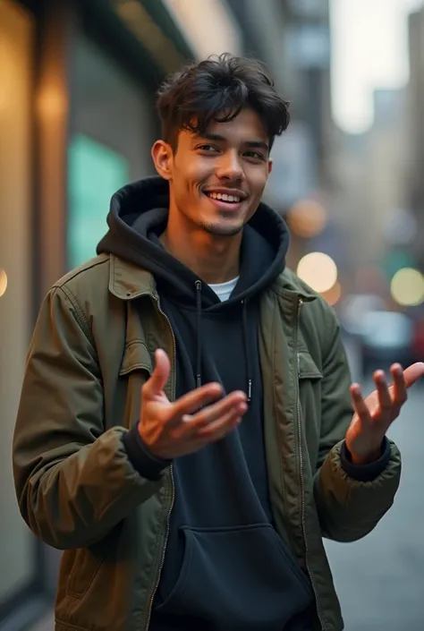 “A charismatic young man, mid-conversation, expressive hand gestures, confident and engaging facial expression, wearing a stylish streetwear outfit, soft cinematic lighting, blurred urban background, slightly grainy texture for a realistic feel, dynamic po...