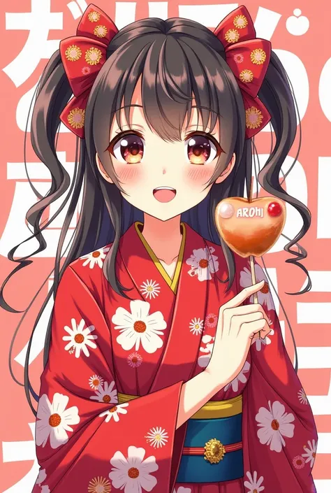 One anime-style female character, depicted in a vibrant, almost hyperrealistic style.  The characte is young, light-skinned, and appear to be agers.  She is wearing traditional Japanese summer kimonos in a striking red with white floral patterns. Accessori...