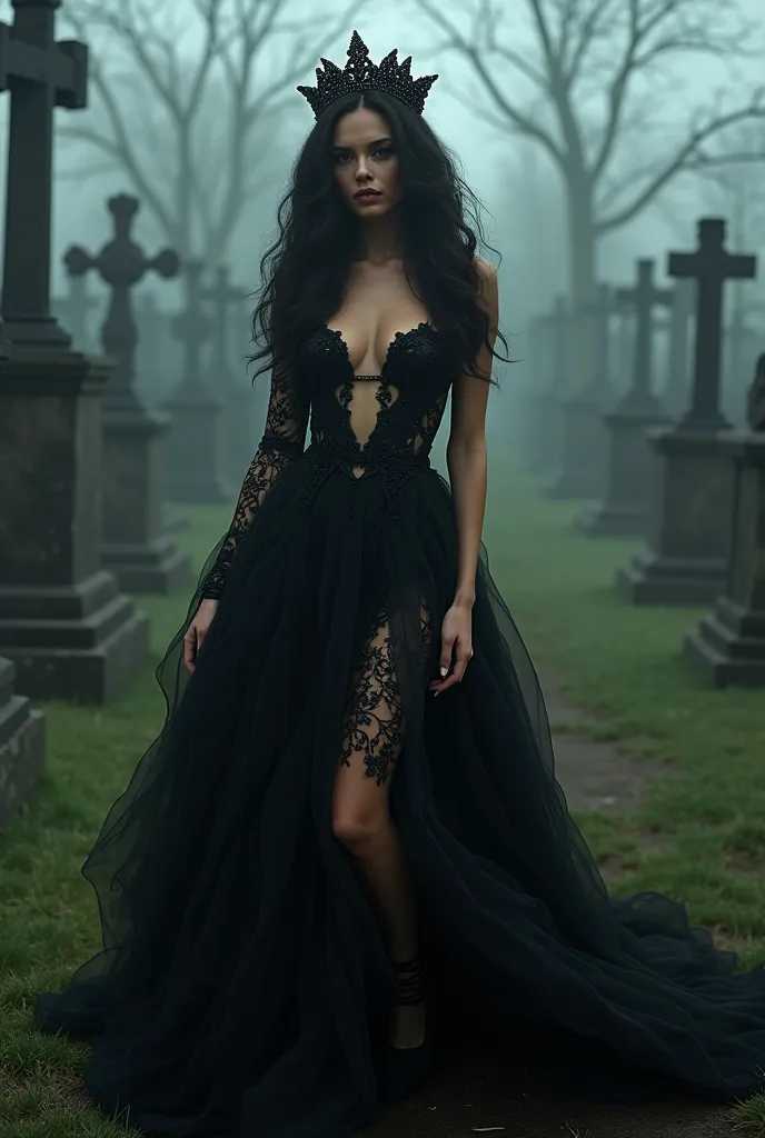 An Award-Winning Masterpiece for Vogue Fashion magazine, Sensual, Sexy, Desirable, Hot, Megan Fox, “Gothic Enchantress”: A model in a dramatic, dark revealing short torn velvet gown showing her cleavage, black silk bra, with intricate embroidery, standing ...