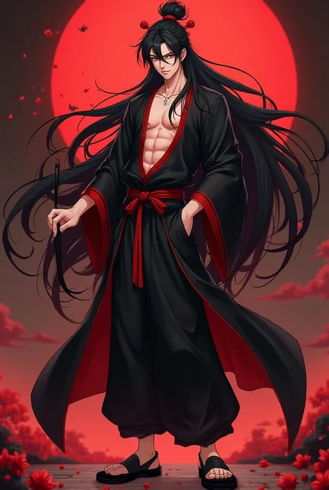 A male anime character with a long black hair with red ornaments on his head, wearing a black shirt with red, showing his chest, black trousers mixed with red, ancient Chinese shoes in the Chinese black and red series, with a magic wand at the top, with a ...