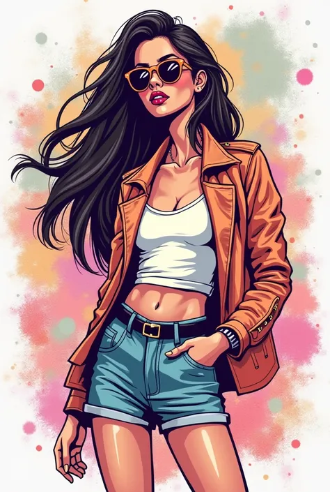 "A sublimated design featuring a stylish and trendy girl character. The character has a modern, fashionable look with flowing hair, sunglasses, and a chic outfit. The background is vibrant, incorporating abstract patterns, soft pastel tones, and subtle gli...