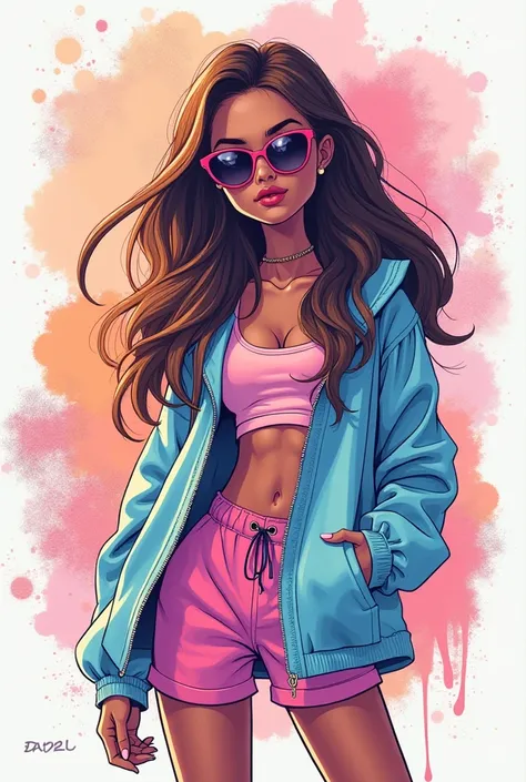 "A sublimated design featuring a stylish and trendy girl character. The character has a modern, fashionable look with flowing hair, sunglasses, and a chic outfit. The background is vibrant, incorporating abstract patterns, soft pastel tones, and subtle gli...