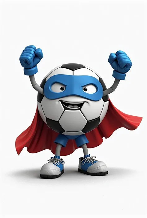  I would like to create a black and white soccer ball with a face, arms and legs that has a blue superhero mask and a red cape, And that the arms are up , like celebrating  