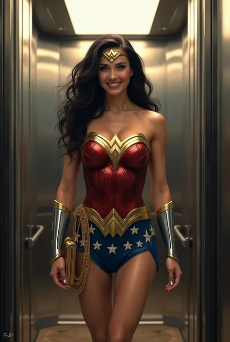 Image of Wonder Woman in elevator smiling at me taking the picture 