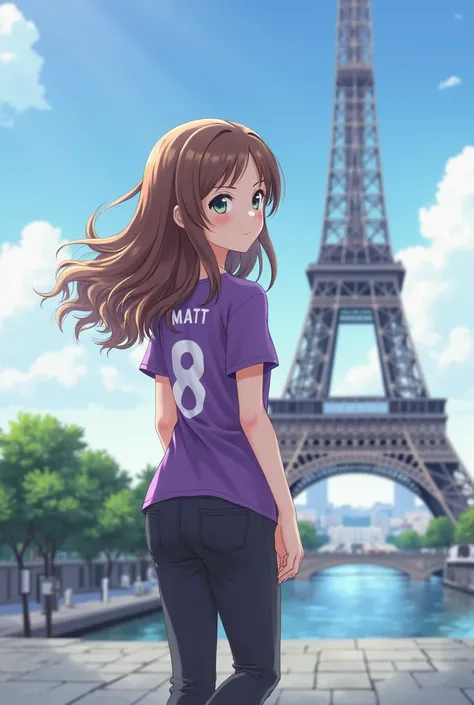 An anime girl with brown hair, wavy, long, She is wearing a purple t-shirt with the number 8 printed on it and the name Matt, dark pants with white sneakers. standing,  turning her back , In front of the Eiffel Tower in Paris and you can see the Seine Rive...