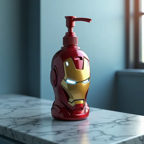  Create a realistic image. Design a hand wash. Hand wash on a table. Make the hand wash with Ironman's face Red and golden color . The background will be cool