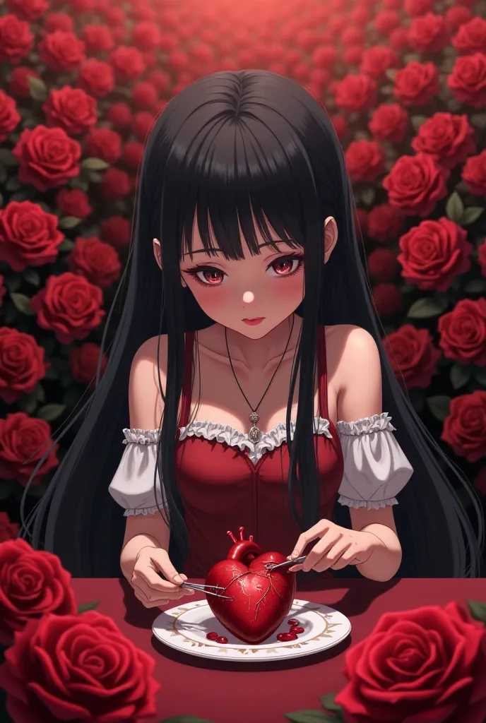 A  with innocent features and long black hair sits at a table in the middle of a garden made of red roses.. She eats her heart with a fork and a knife in a small dish while it is connected to her body by several arteries ..
It will be in the style of anime...