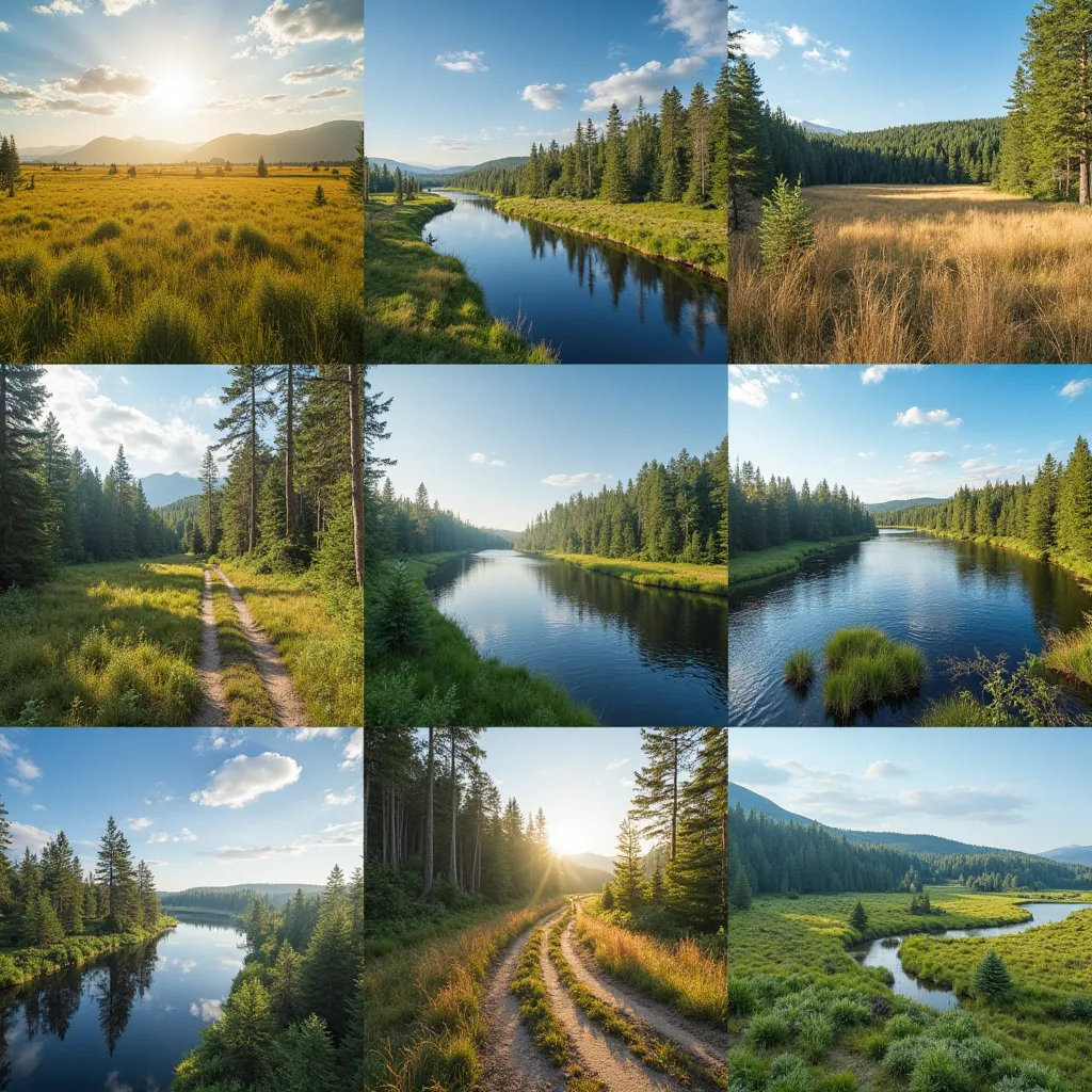 Make a photo collage, which is divided into 9 separate photos, which will depict photos in the same style, beautiful Ukrainian nature. The images are separate in different photos, flat steppes, in other photos, pine forests, in other photos, rivers, lakes....