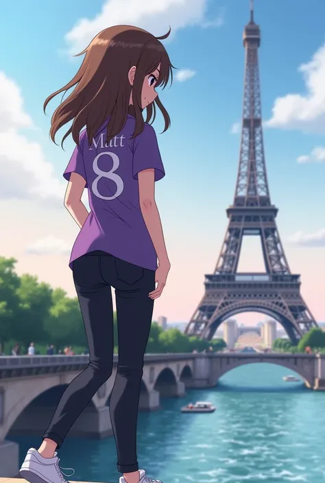 An anime girl with brown hair, wavy, long, She is wearing a purple t-shirt with the number 8 printed on it and the name Matt, dark pants with white sneakers. standing,  turning her back ,  in front of the Eiffel Tower in Paris with his eyes looking at it, ...