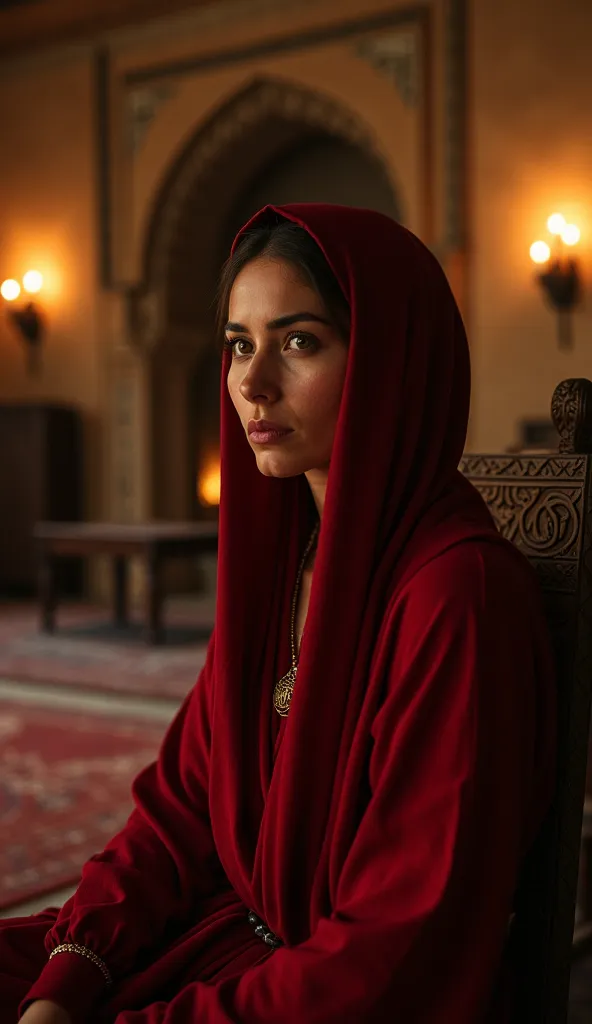 Safiyyah bint Huyay in her residence
A 25-year-old Middle Eastern woman, extremely beautiful, wearing a red robe and a 6th-century veil, sits in a dimly lit room illuminated by candlelight. Her face shows sadness and loneliness, her eyes gazing blankly int...