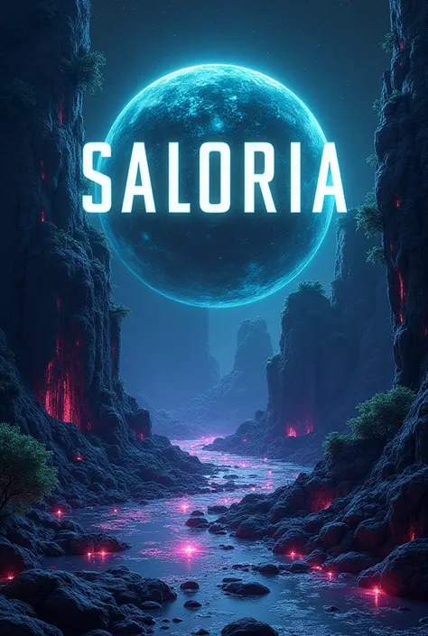  depicting the planet  "Saloria "  fonts in unique terrain such as  **, liquid oceans made of glowing minerals ** or **, forests with biological lights **, using shiny colors  (, neon green, dark purple )  to reflect its imaginative nature and advanced tec...