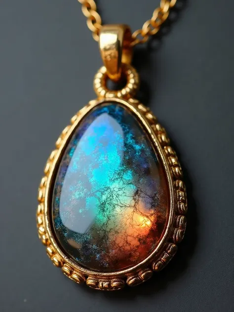 A pendant with an iridescent stone that reflects different scenes depending on the angle at which you look at it,  as if it contained multiple worlds . details : Gold chain with subtle engravings ,  color change effect on the stone .